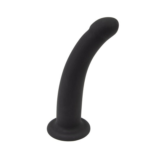 Loving Joy curved 5-inch silicone strap-on dildo with suction cup on a white background, showcasing flexible design and smooth surface.