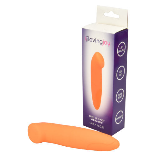 Loving Joy mini orange G-spot vibrator with curved design and textured surface for targeted pleasure.