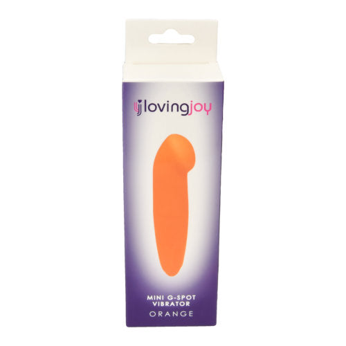 Loving Joy mini G-spot vibrator in orange with curved design and textured surface for targeted pleasure.