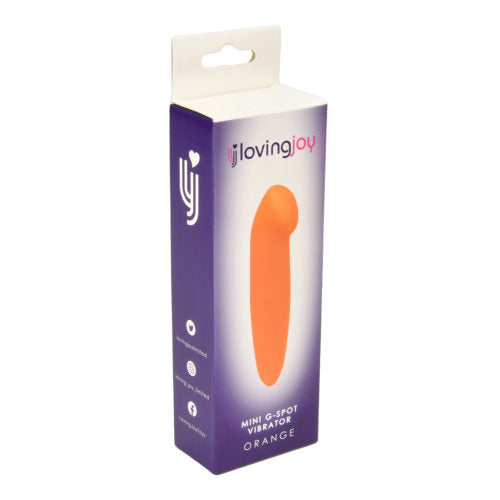 Loving Joy mini G-spot vibrator in bright orange, compact design, smooth surface, designed for targeted internal stimulation.
