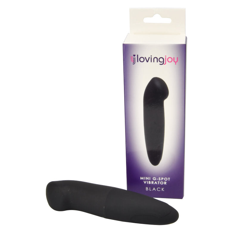 Loving Joy black mini G-Spot vibrator showing smooth, compact design with a curved tip for targeted G-Spot stimulation.
