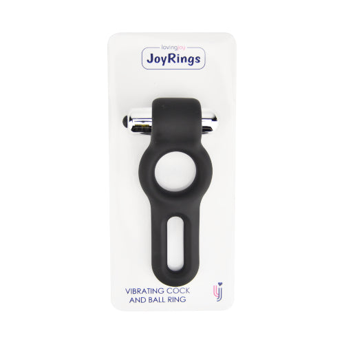 JoyRings silicone vibrating cock and ball ring in packaging, showcasing its design and functionality for enhanced pleasure.