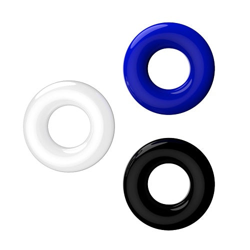 JoyRings Doughnut Cock Rings in a 3 pack, featuring colorful, flexible designs for comfort and support.