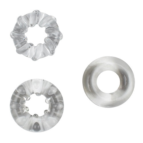 JoyRings Enhancement Cock Ring Set with three adjustable silicone cock rings for improved performance and sensation.