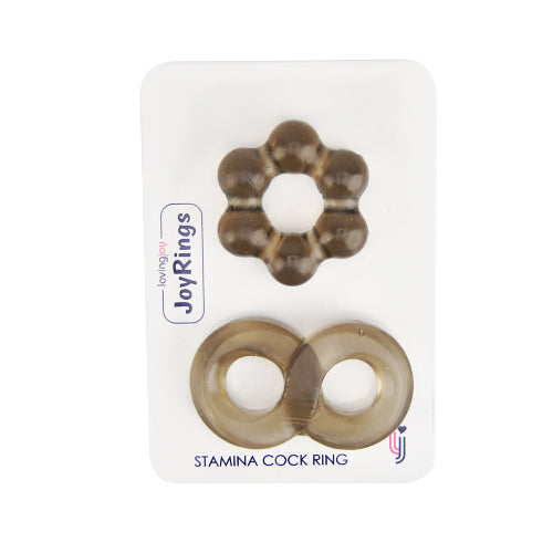 JoyRings Stamina Cock Ring Set, two black silicone cock rings with textured design for enhanced pleasure and performance.