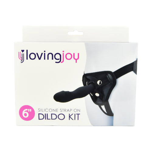 Loving Joy 6-inch silicone strap-on dildo kit with adjustable harness and multiple attachments for comfortable wear.