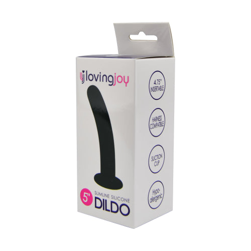 Loving Joy Slimline Silicone Dildo, 5-inch strap-on dildo with smooth silicone surface for realistic appearance and comfortable use.