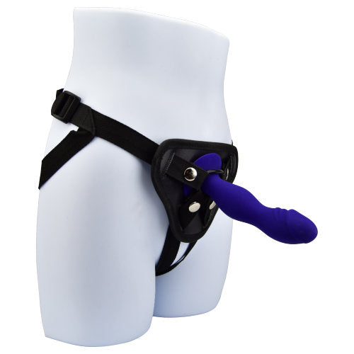 Loving Joy 6-inch silicone strap-on dildo with suction cup in midnight blue, flexible and textured for enhanced pleasure.