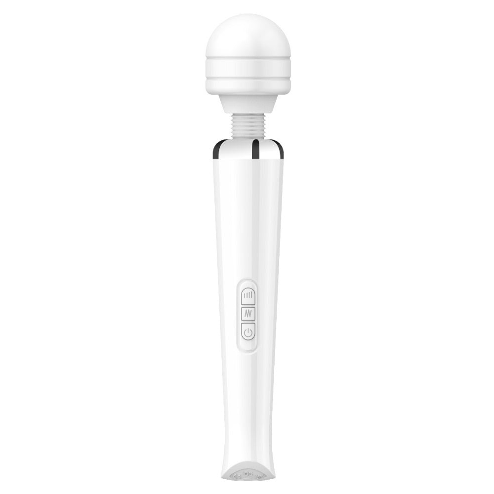 Loving Joy rechargeable white magic wand vibrator with smooth handle and large vibrating head, designed for personal pleasure.
