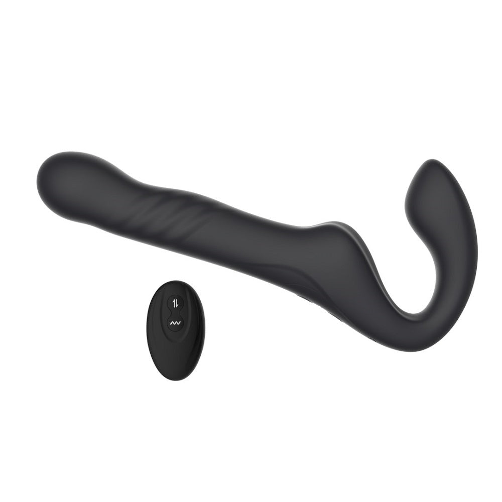 MINA Surge remote-controlled strapless strap-on with thrusting and vibrating functions, shown in a close-up view.