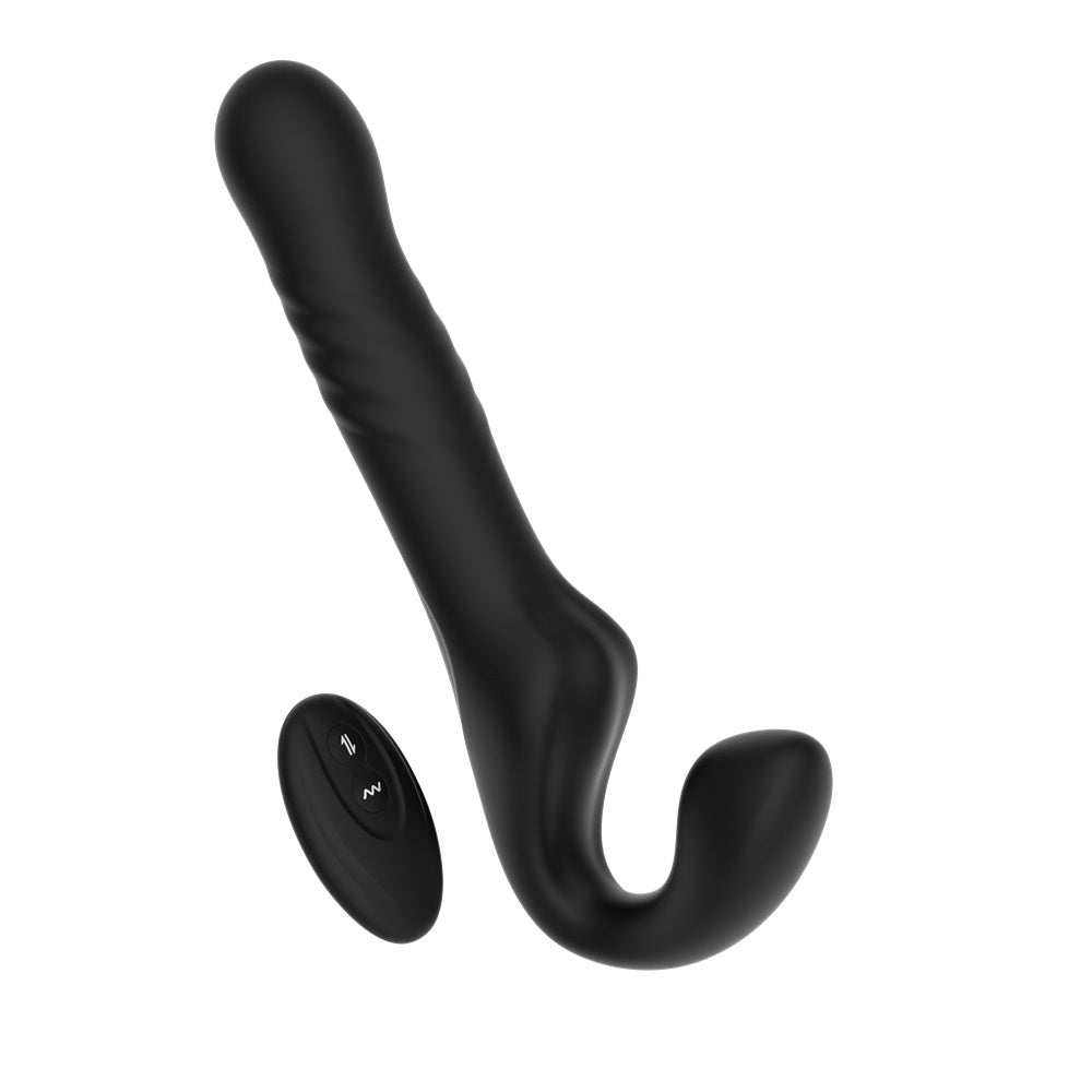 MINA Surge remote vibrating strapless strap-on with thrusting function, shown in use with adjustable harness and sleek design.