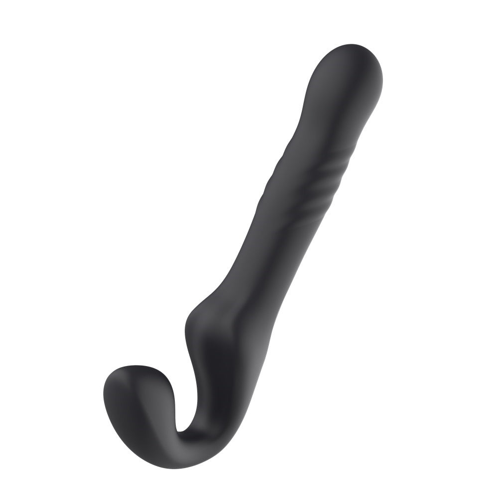 MINA remote thrusting and vibrating strapless strap-on in black, featuring adjustable harness and sleek design for enhanced intimacy.