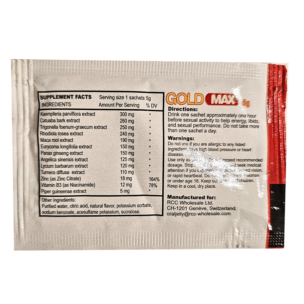 GoldMAX Oral Jelly in a 7 sachet pack, featuring brightly colored packaging for sexual enhancement.