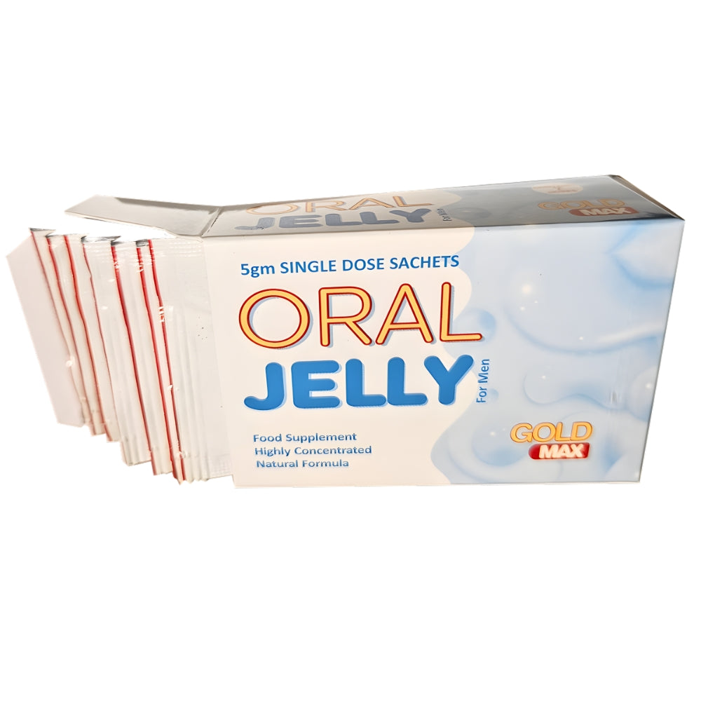 GoldMAX Oral Jelly in a pack of 7 sachets, designed as a sexual enhancer with a gold and white packaging.