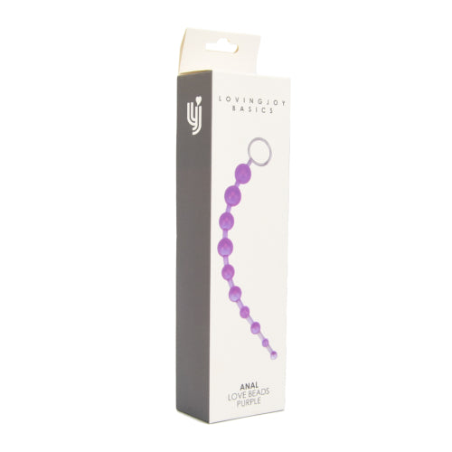 Loving Joy purple anal love beads in packaging, featuring smooth, flexible design for adult pleasure.
