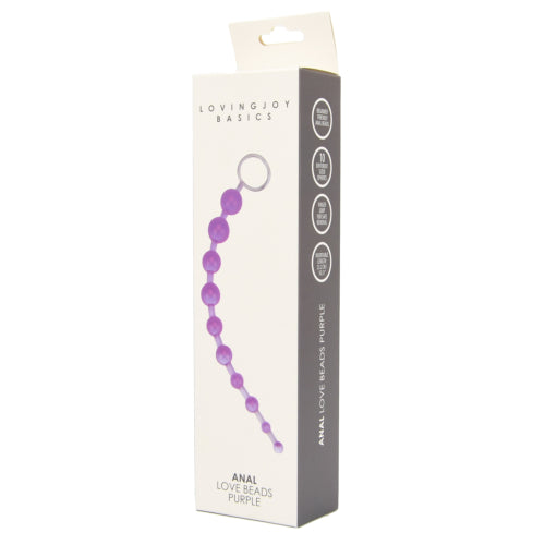 Loving Joy purple anal love beads in packaging, featuring smooth, flexible design for intimate pleasure and easy insertion.