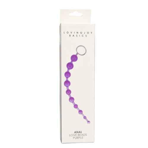 Loving Joy purple anal love beads in packaging, featuring smooth, graduated purple anal beads for adult pleasure and intimate use.