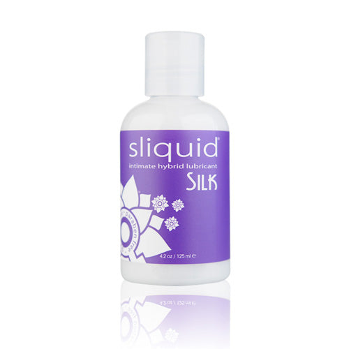 Sliquid Naturals Silk Hybrid Lubricant in a 125ml bottle, showcasing a sleek design and clear liquid texture.