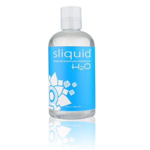 Sliquid Naturals H2O water-based lubricant bottle, 255ml, clear and smooth for intimate use, designed for comfort and hydration.