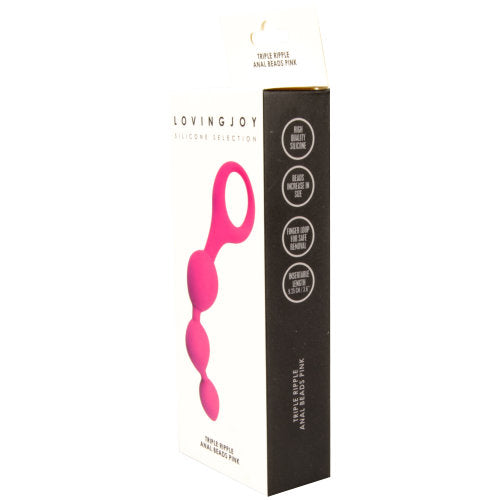 Loving Joy Triple Ripple Pink Anal Beads set showing three graduated pink silicone anal beads with textured ripples.