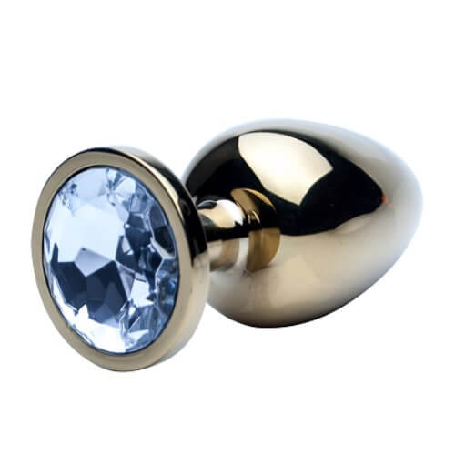 Large gold anal butt plug from Precious Metals, smooth and shiny with a tapered tip and flared base for comfortable wear.