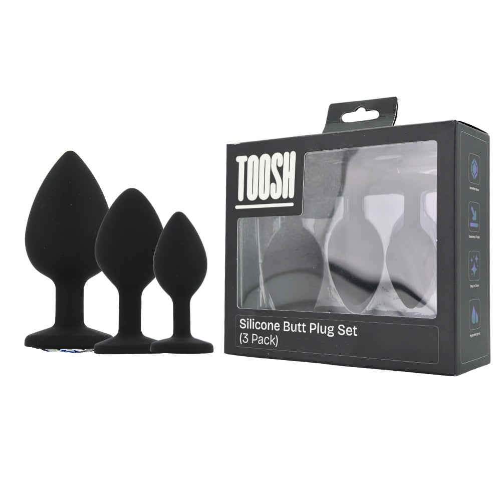 Toosh Silicone Butt Plug Black Set of 3 Clear Stone anaalitappi | intimi.fi