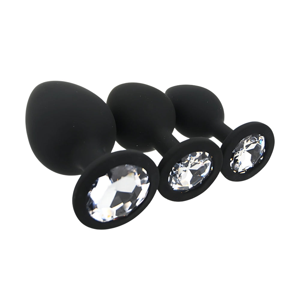 Toosh Silicone Butt Plug Black Set of 3 Clear Stone anaalitappi